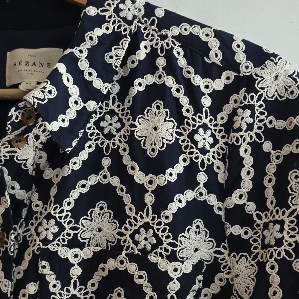 Robe Adèle Fond Marine Broderie Ecru - Picture 4 of 11